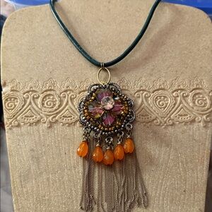 New Art Glass 24” Pendant Necklace with gold metal fringe